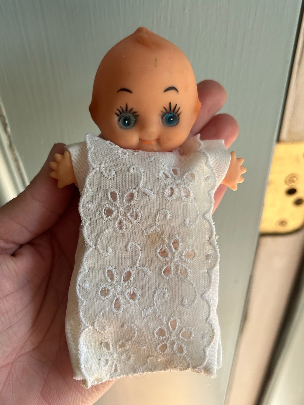 Vintage Retro Kewpie Baby Doll 1980s 1970’s Blue Eyes Handmade Lace White Outfit